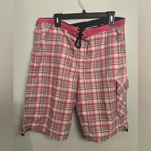 Hugo Boss Mens Swim‎ Trunks Plaid Cargo Shorts Under Liner Pink Size L